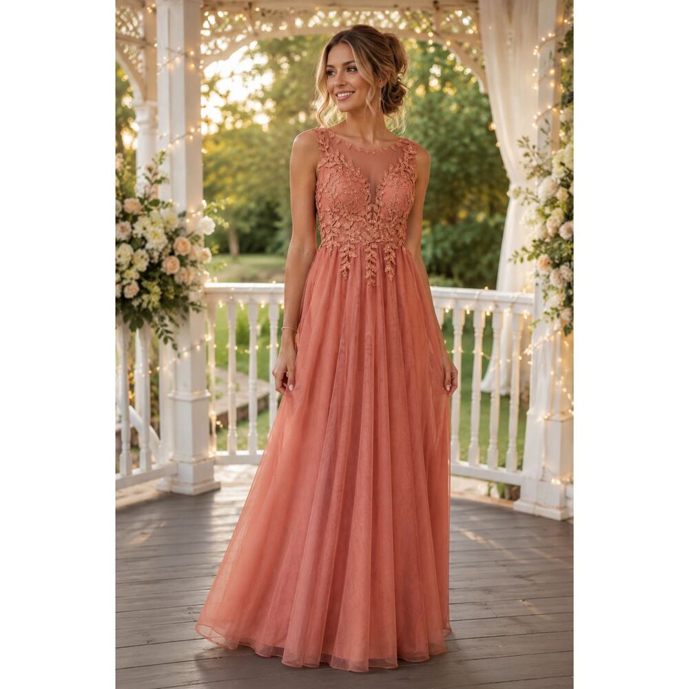 City Triangles Peach Maxi Dress Size 5 Embroidered Lace Bodice Chiffon Prom